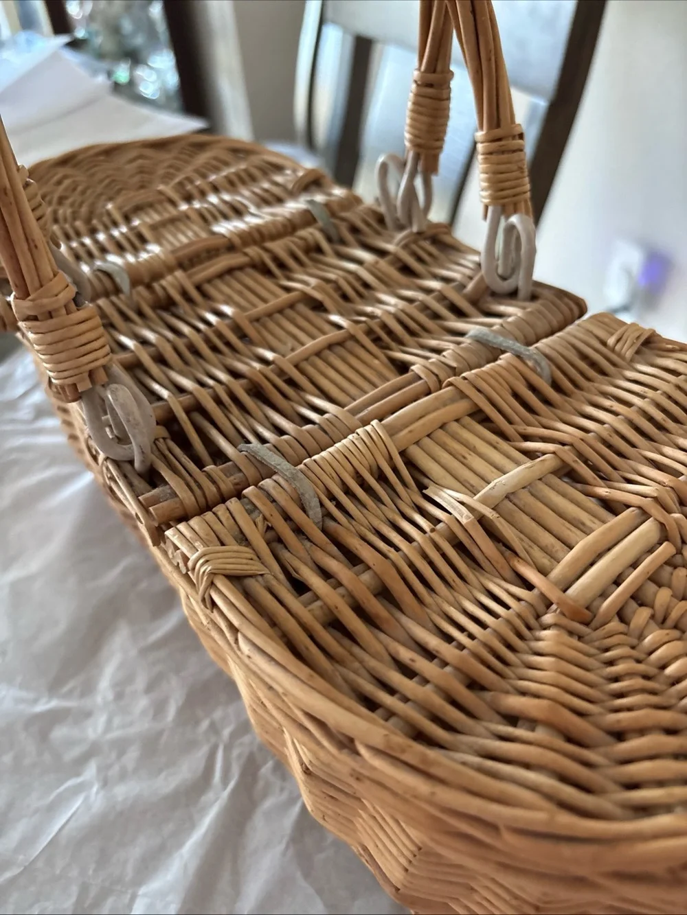 Gorgeous Vintage Oblong 15” Long WICKER Double Lidded Picnic Basket Awesome